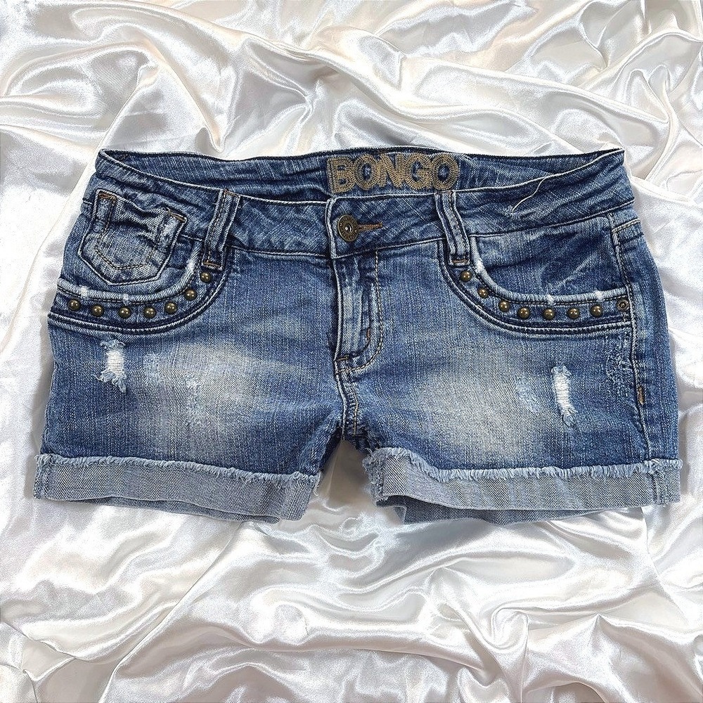 y2k Bongo Jean Shorts Blue Studded Distressed Low Rise Denim Cutoffs